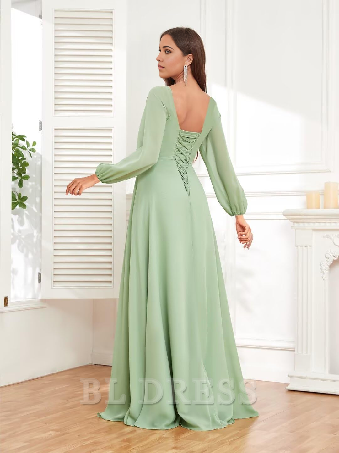 Side view of an A-line V-neck chiffon dress with long sleeves.