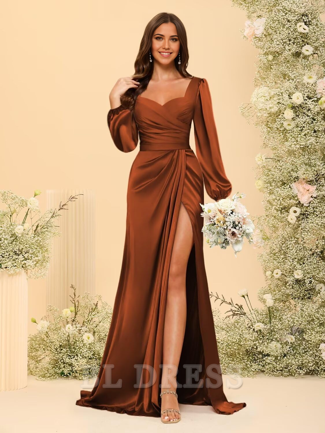 Full view of the long sleeve A-line prom dress with a stylish side slit.