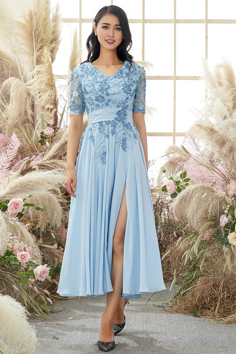 Elegant A-line V-neck Mother of the Bride dress with intricate appliques.