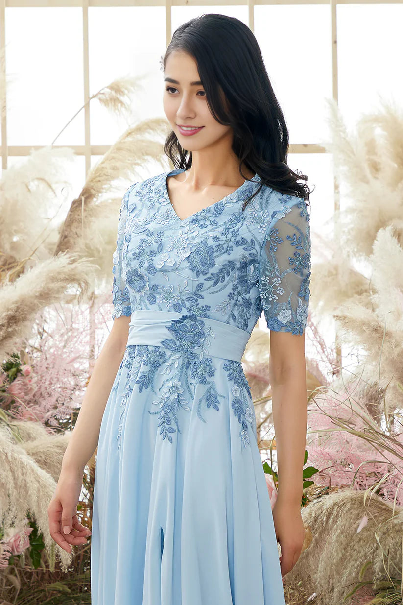 Close-up of appliques on the A-line V-neck Mother of the Bride dress.
