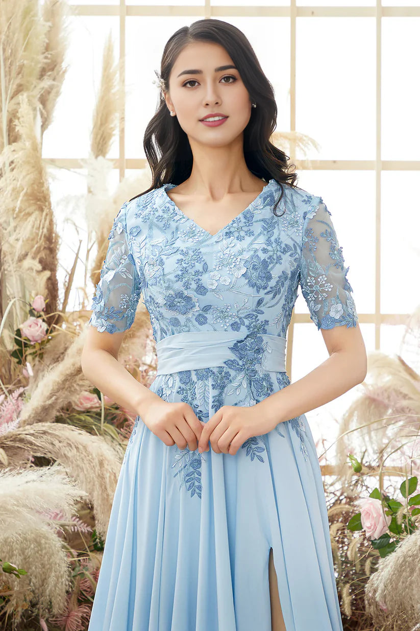 Full length view of A-line V-neck Mother of the Bride dress.