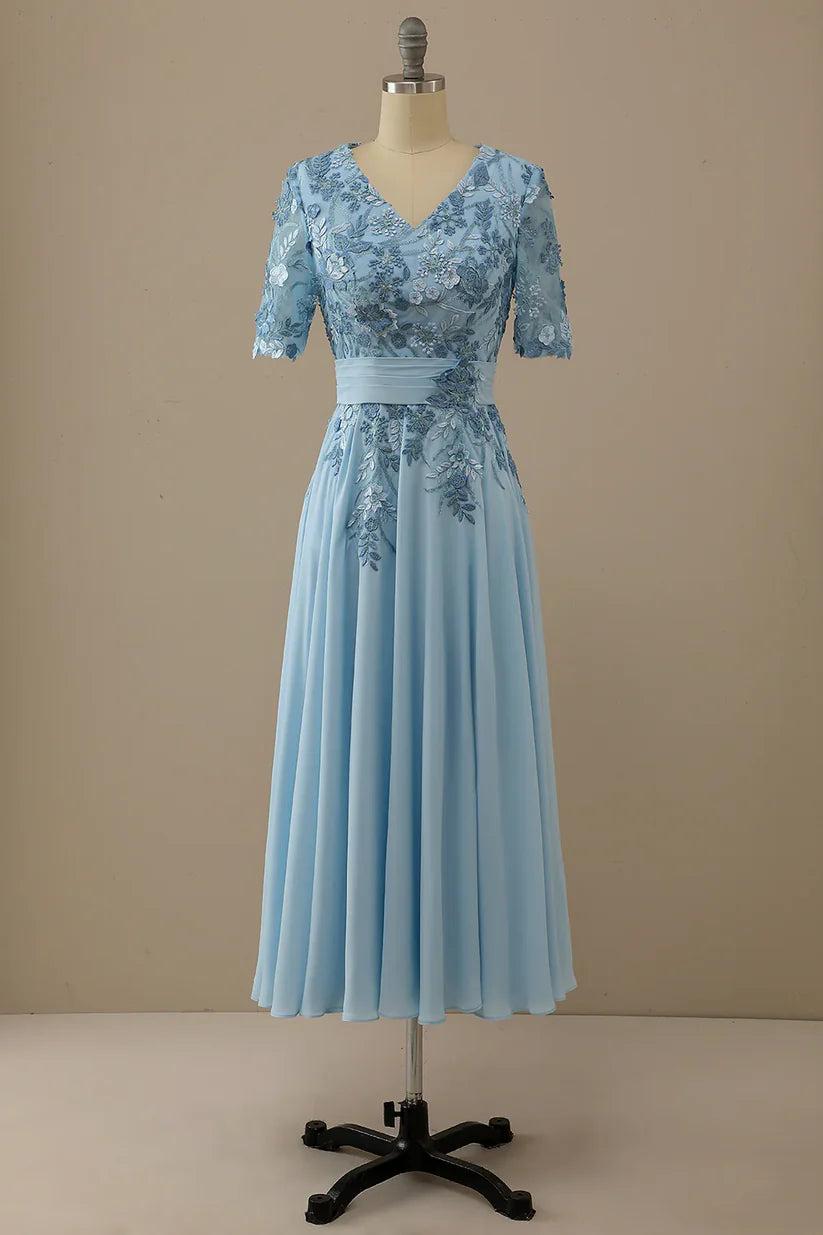 Rear view of A-line V-neck Mother of the Bride dress.