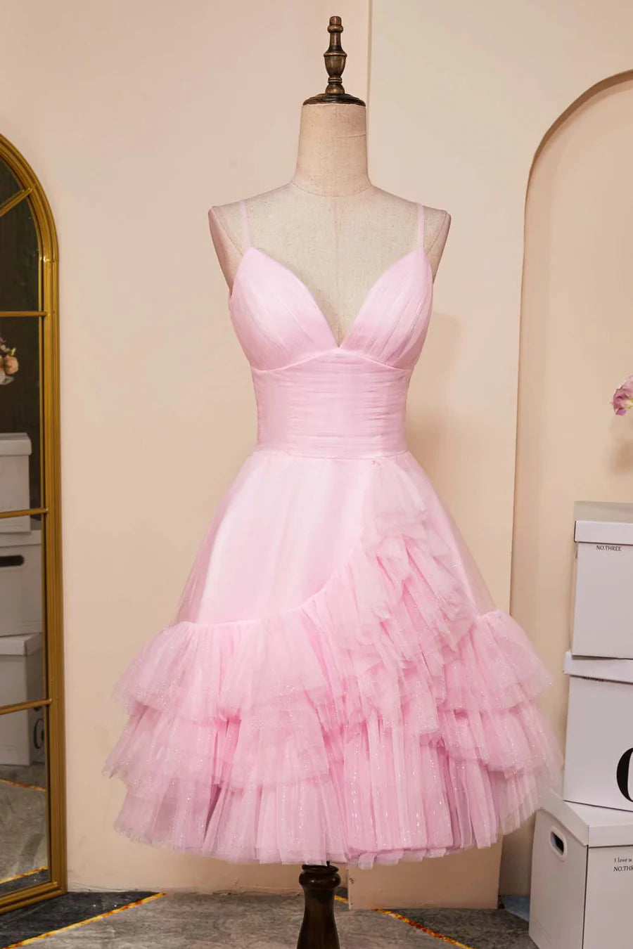 Elegant A-line V-neck homecoming dress with multi-layers and plunging straps.