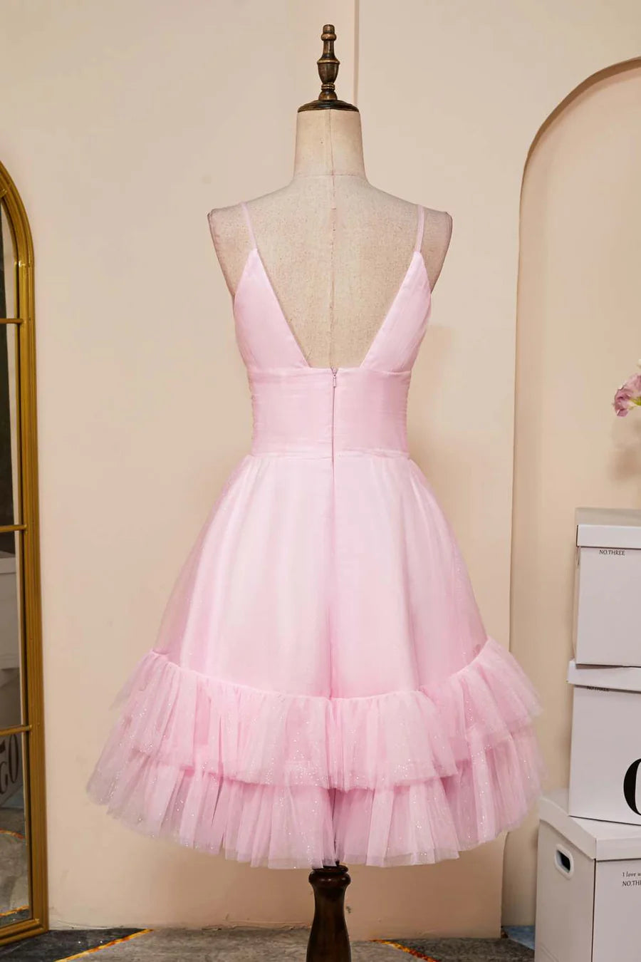 Back view of the A-line V-neck multi-layer homecoming dress.