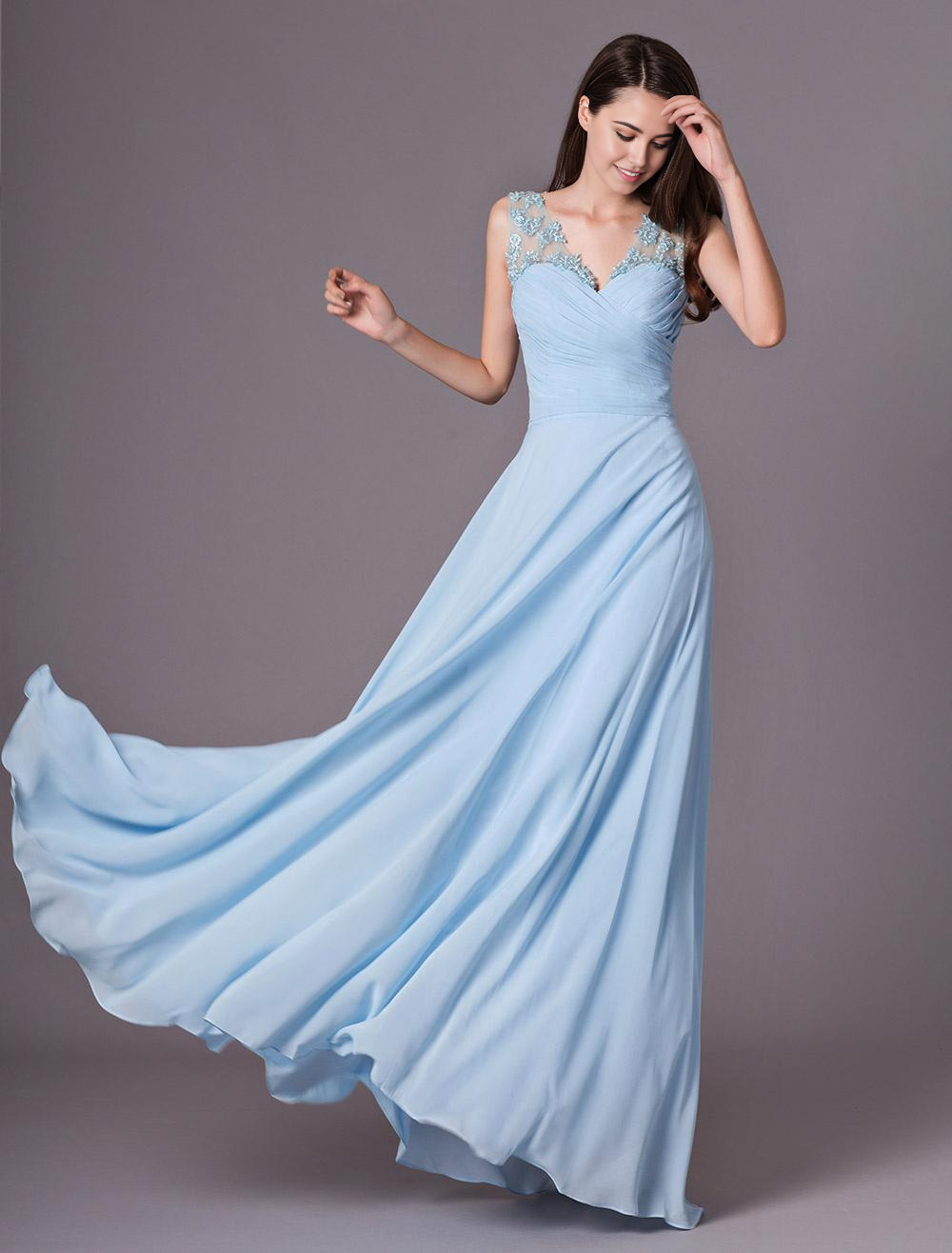 Elegant A-line V-neck one-shoulder chiffon bridesmaid dress with floral detail.