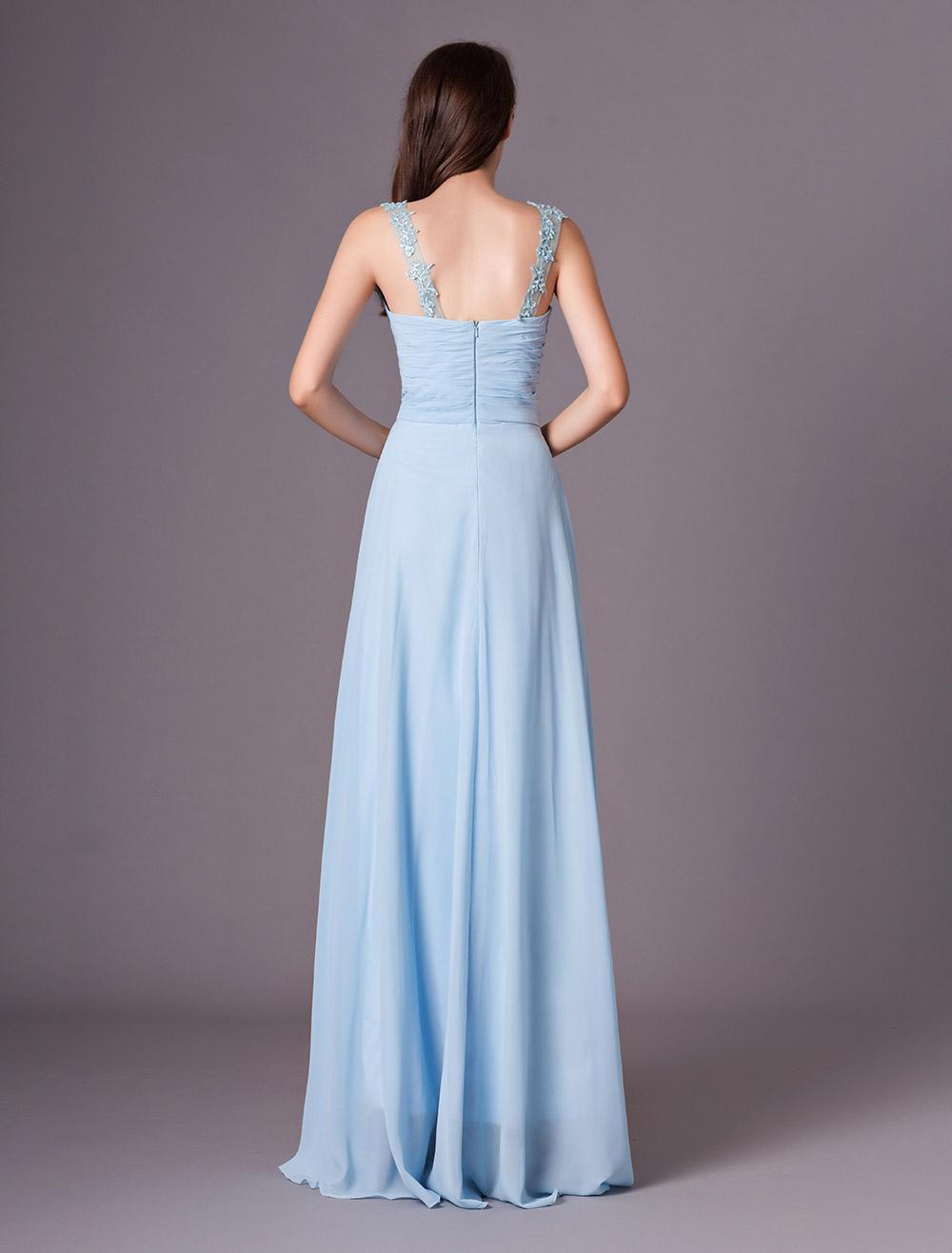 Back view of the floor-length A-line chiffon formal dress.