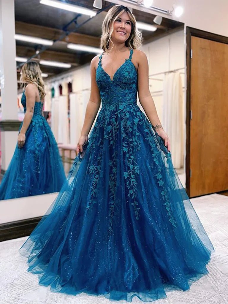 Elegant A-line V-neck lace long prom dress.