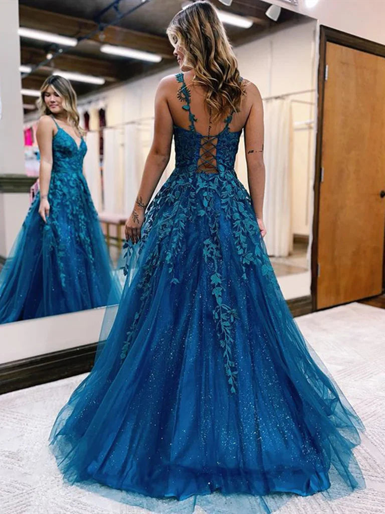 Side view of A-line V-neck lace prom dress with delicate lace details.