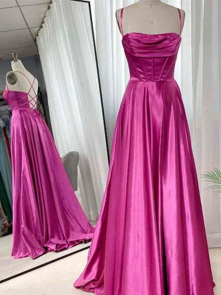 Elegant A-line satin prom dress with V-neck and ruched details.