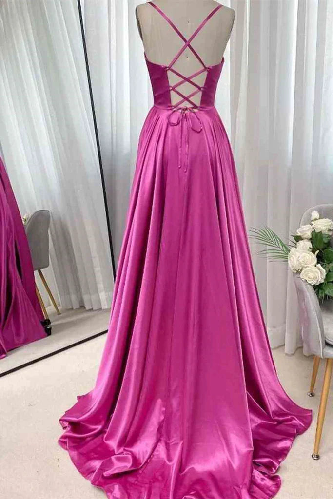 Back view of the A-line satin prom dress, showcasing the open back design.