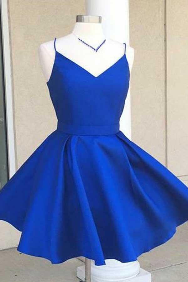 A-line V-neck homecoming dress with a satin bowknot on the open back.