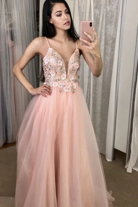 Elegant pink A-line V-neck tulle prom dress with spaghetti straps.