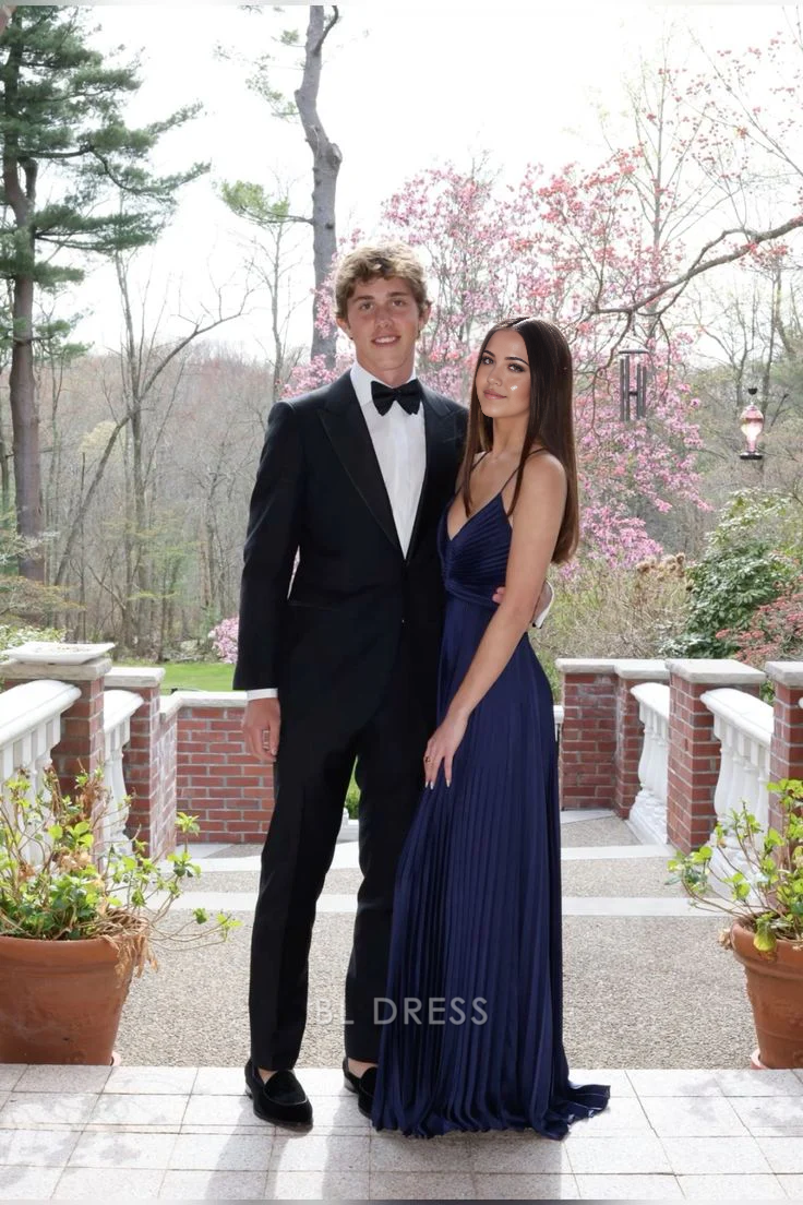 Navy blue A-line V-neck pleated long formal dress.