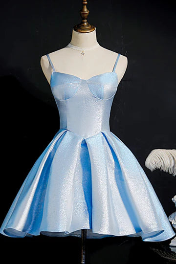 Elegant blue A-line homecoming dress with pleated skirt.