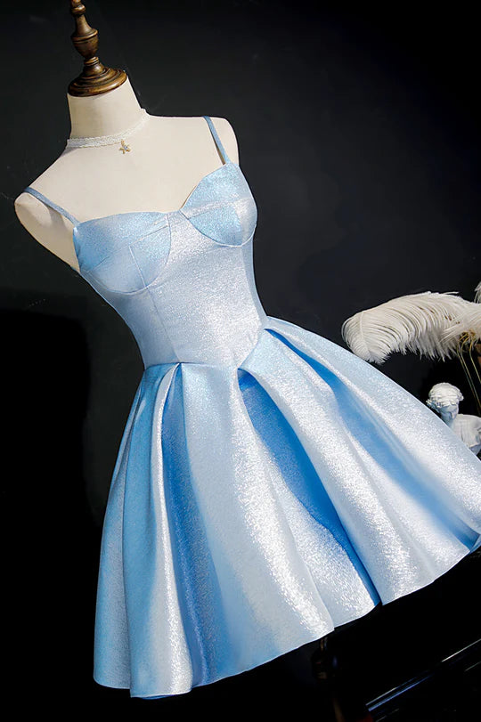 Full length view of a blue A-line homecoming dress.