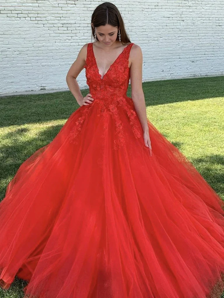 Red A-line V-neck formal dress with beaded lace details.