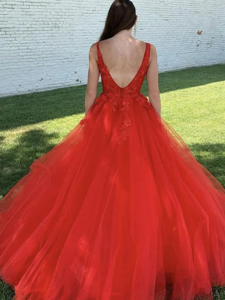 Back view of a long red A-line V-neck dress for evening events.
