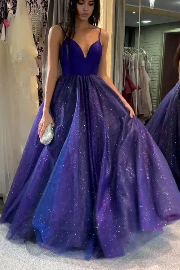 Elegant A-line V-neck royal blue prom dress with cross back detail.