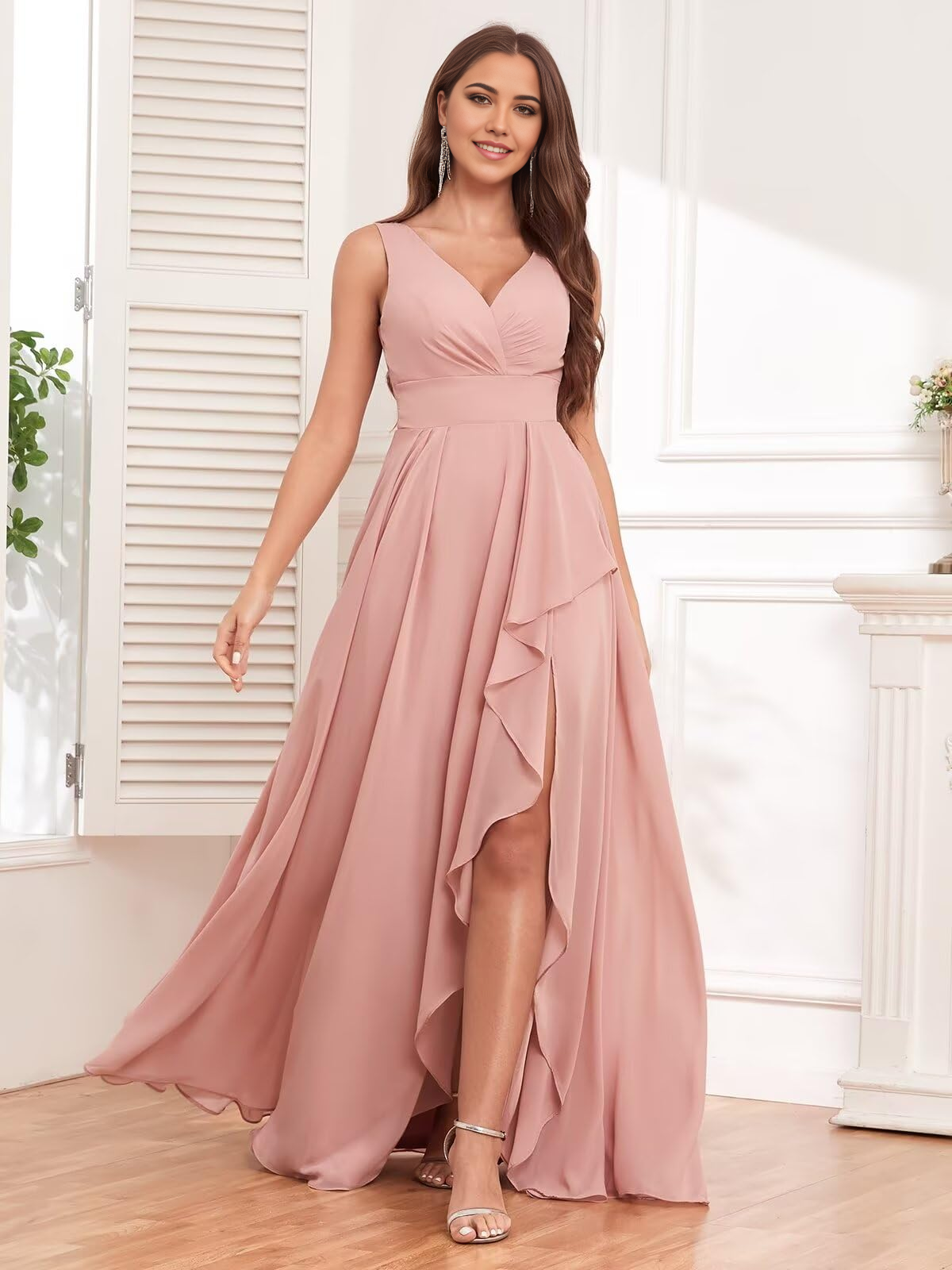 Elegant A-line V-neck ruffle chiffon long dress.