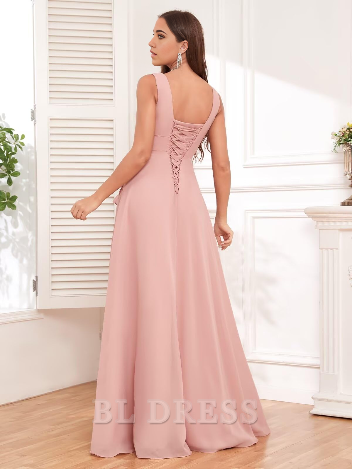 Back view of A-line V-neck ruffle chiffon dress.