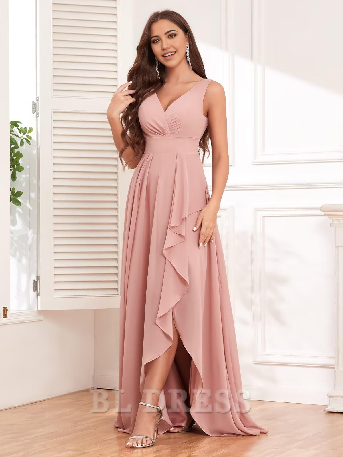 Close-up of ruffle detail on V-neck chiffon dress.
