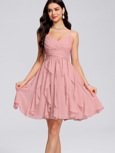 Elegant A-line V-neck chiffon short homecoming dress with ruffle detail.