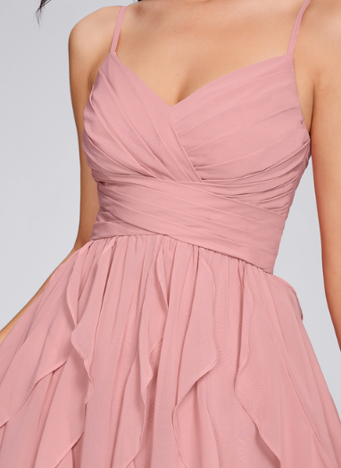 Back view of A-line V-neck chiffon short homecoming dress with flowing ruffle.
