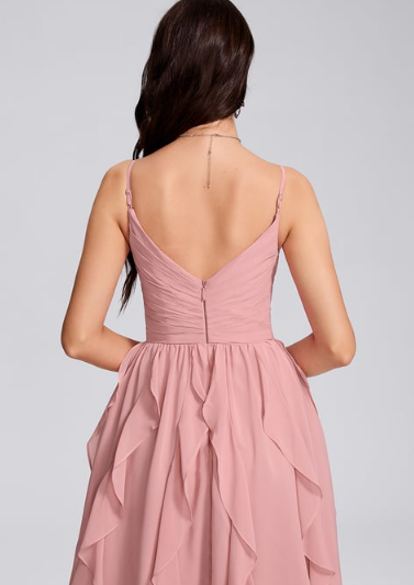 Side view of A-line V-neck chiffon short dress, highlighting ruffle and silhouette.