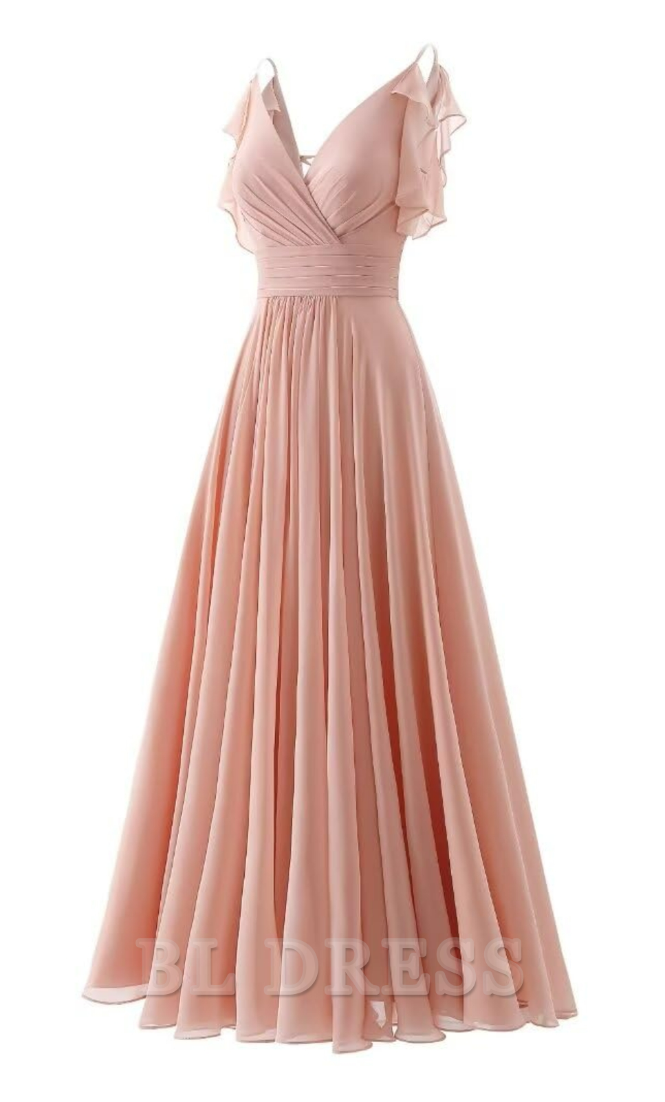 Woman wearing an elegant A-line V-neck ruffle chiffon spaghetti strap dress.