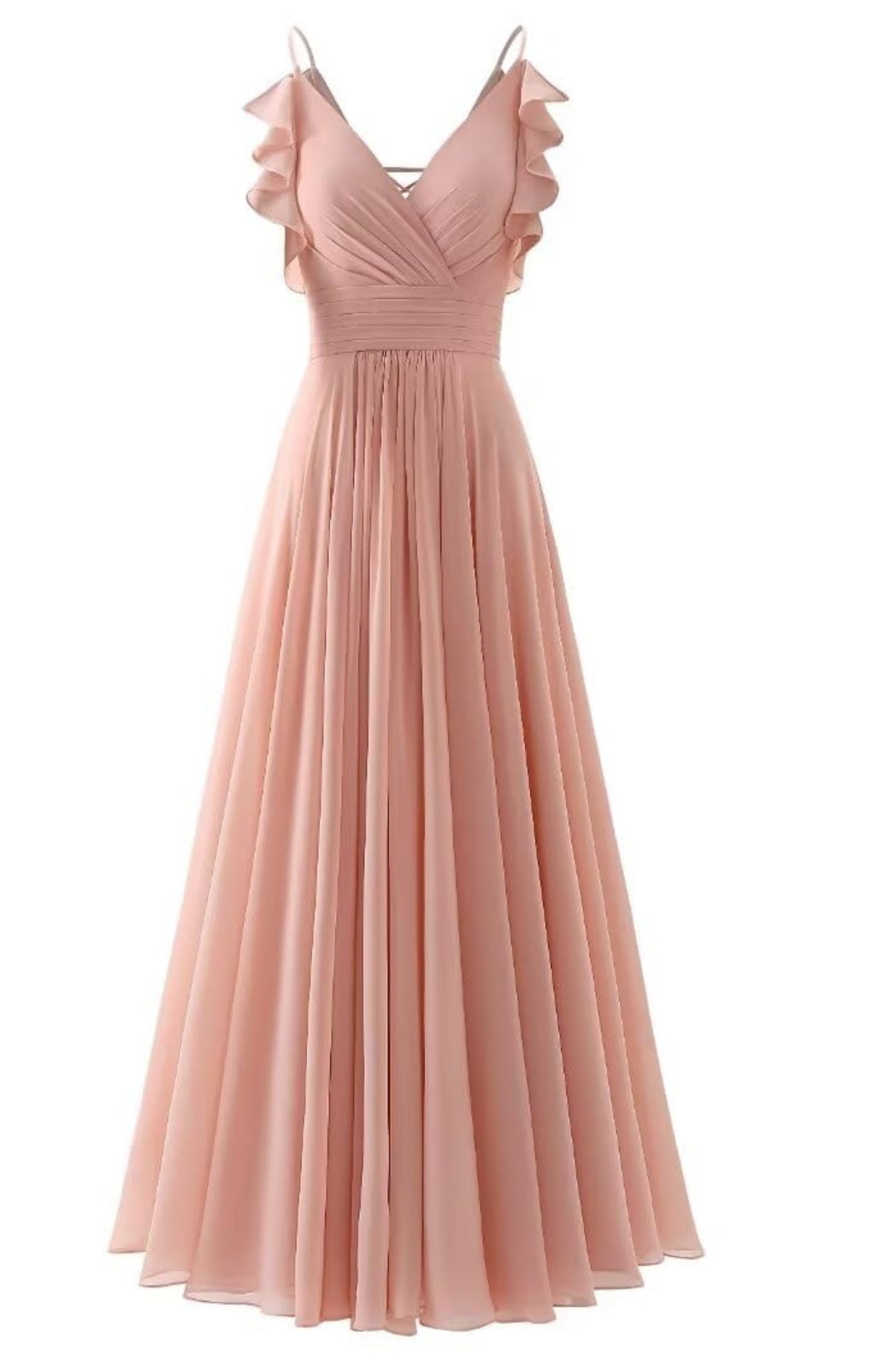 Back view of a woman in an A-line V-neck ruffle chiffon spaghetti strap formal dress.