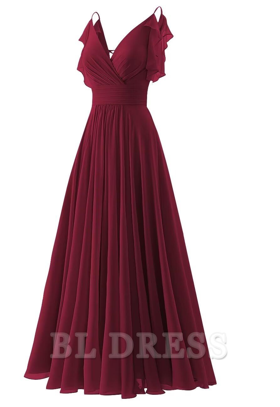 Close-up of the ruffle and V-neck details on an A-line chiffon dress.