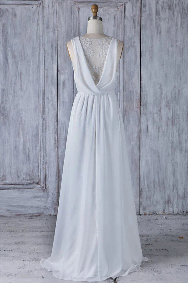 Back view of the A-line chiffon wedding dress with delicate lace details.