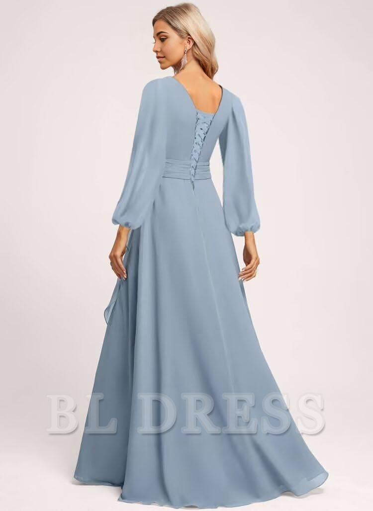 Back view of an A-line V-neck long sleeve formal dress, showcasing pleated details and a flowing skirt.