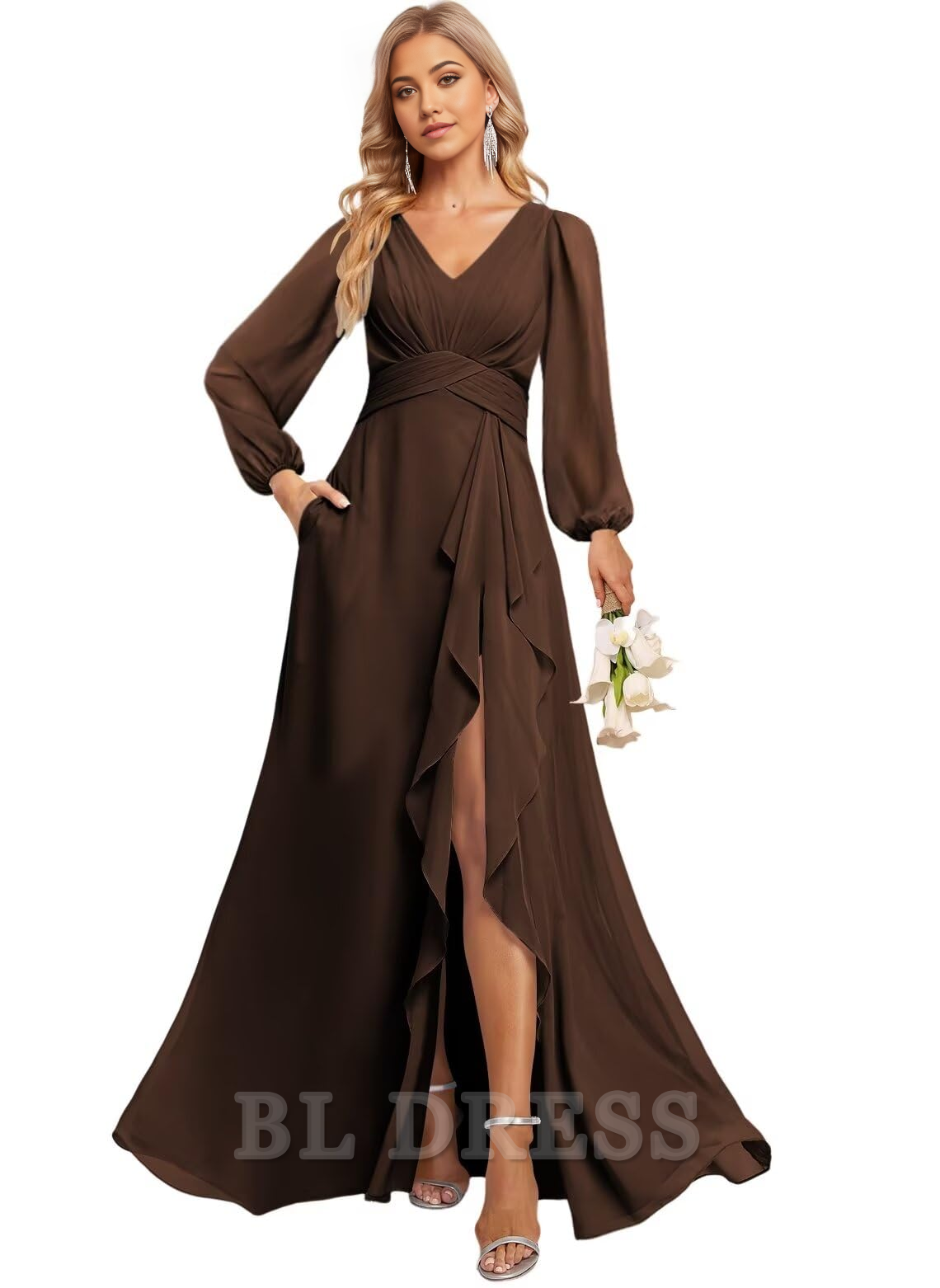 Close-up of the ruffle and V-neck detail on a long sleeve formal gown.