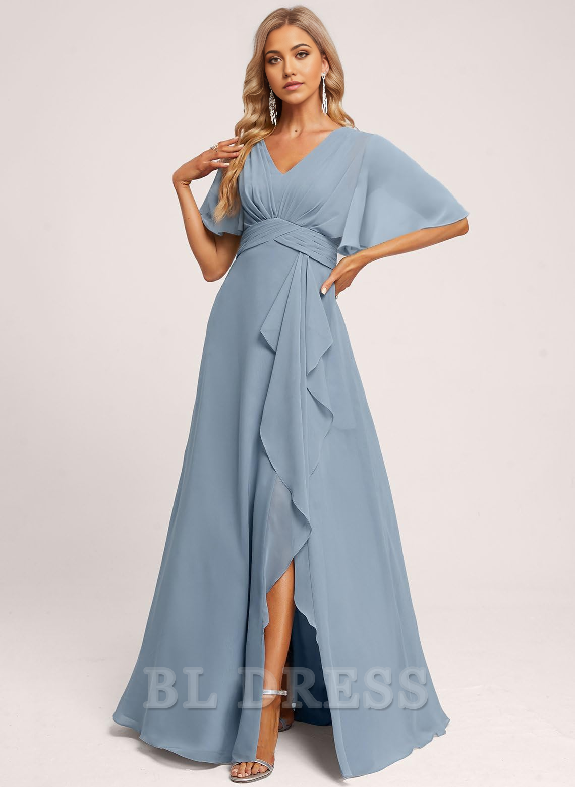 Back view of the A-line V-neck formal maxi dress with ruffle sleeves.