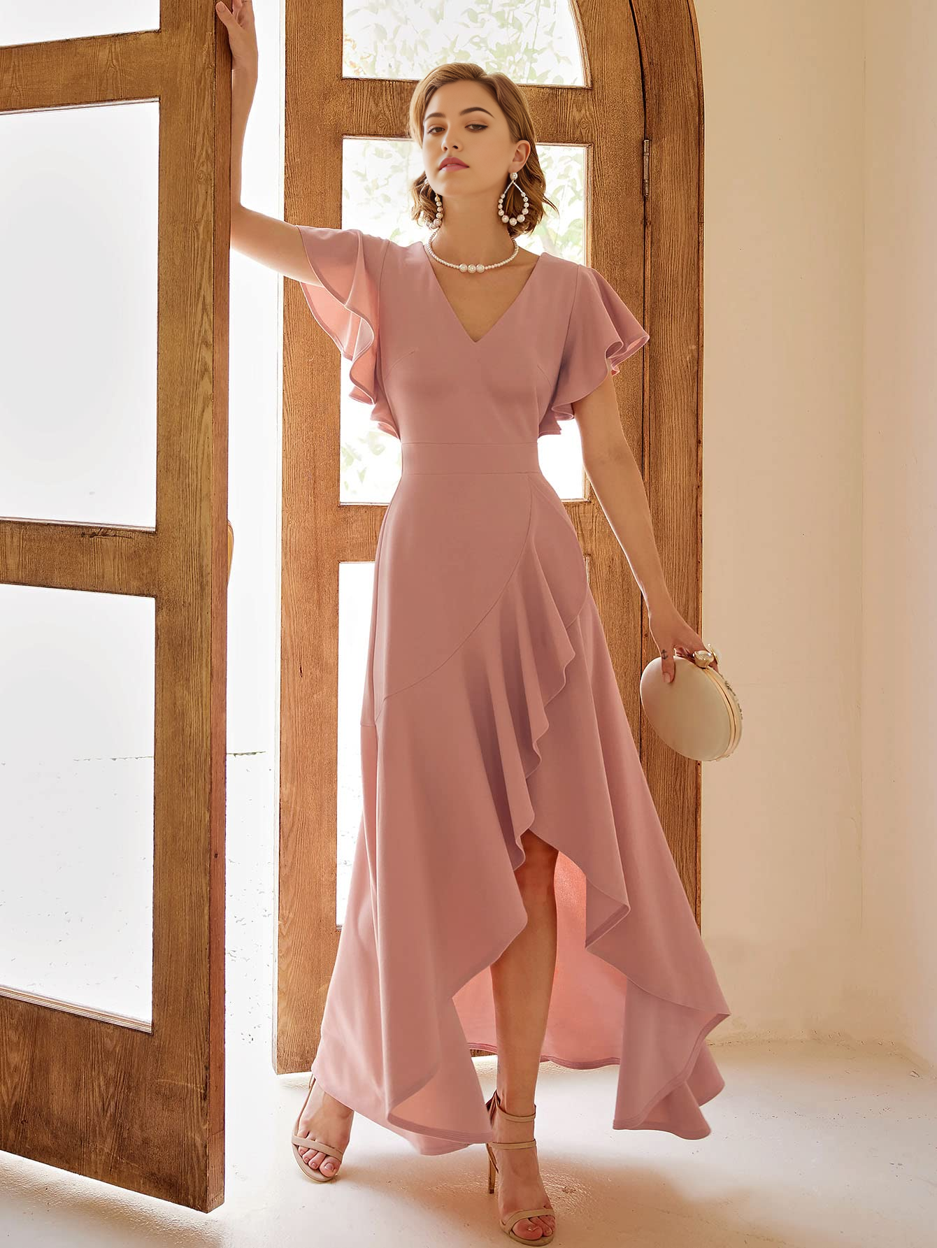 Elegant A-line V-neck ruffle split formal dress.