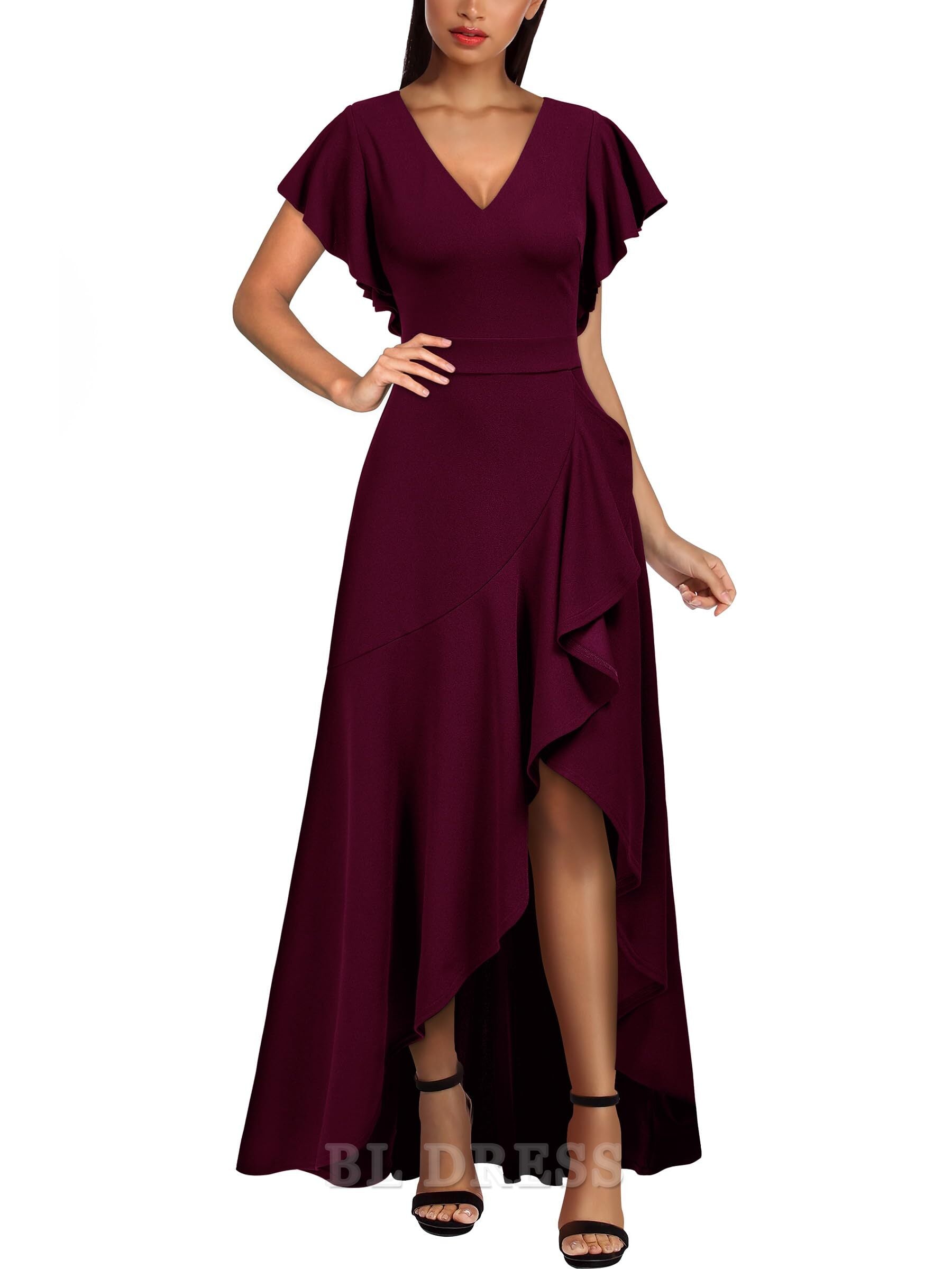Close-up of the ruffle and split on a formal evening gown.