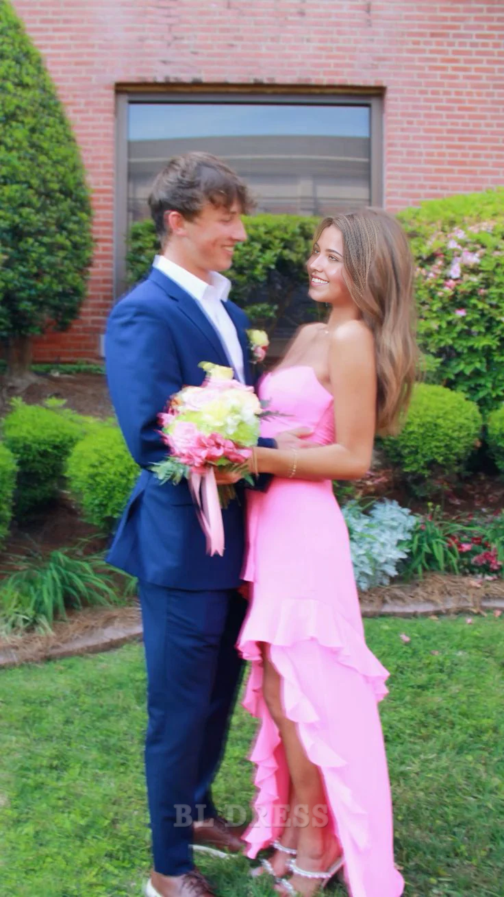 Elegant pink A-line formal dress with ruffles, V-neck, and a side split.