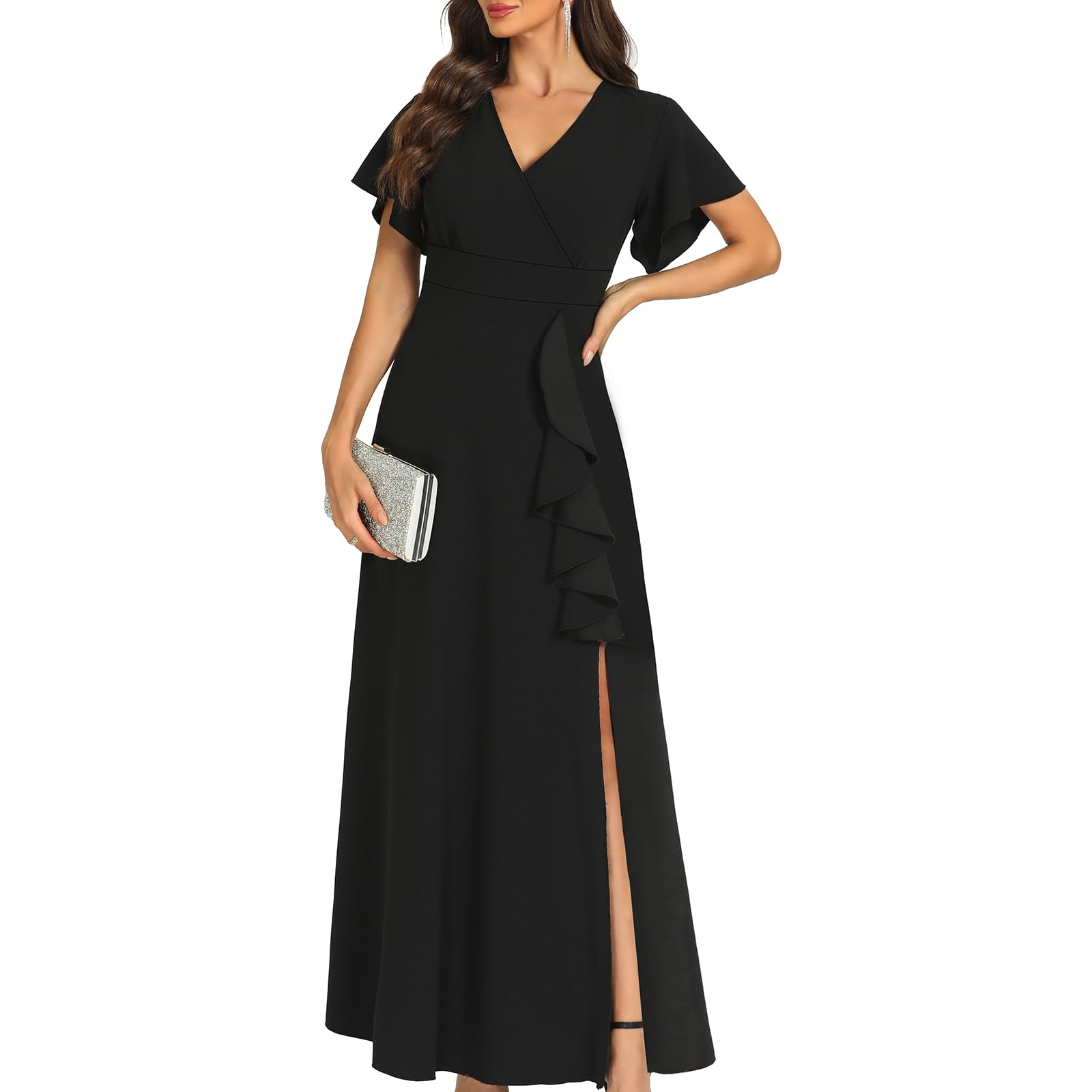 Elegant A-line V-neck formal dress with ruffle split.