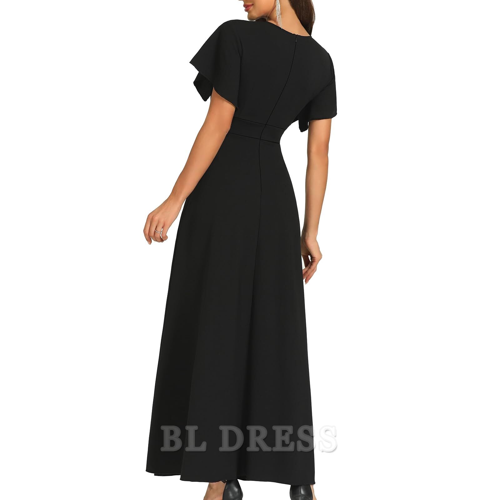 Side view of A-line V-neck dress showing ruffle split detail.