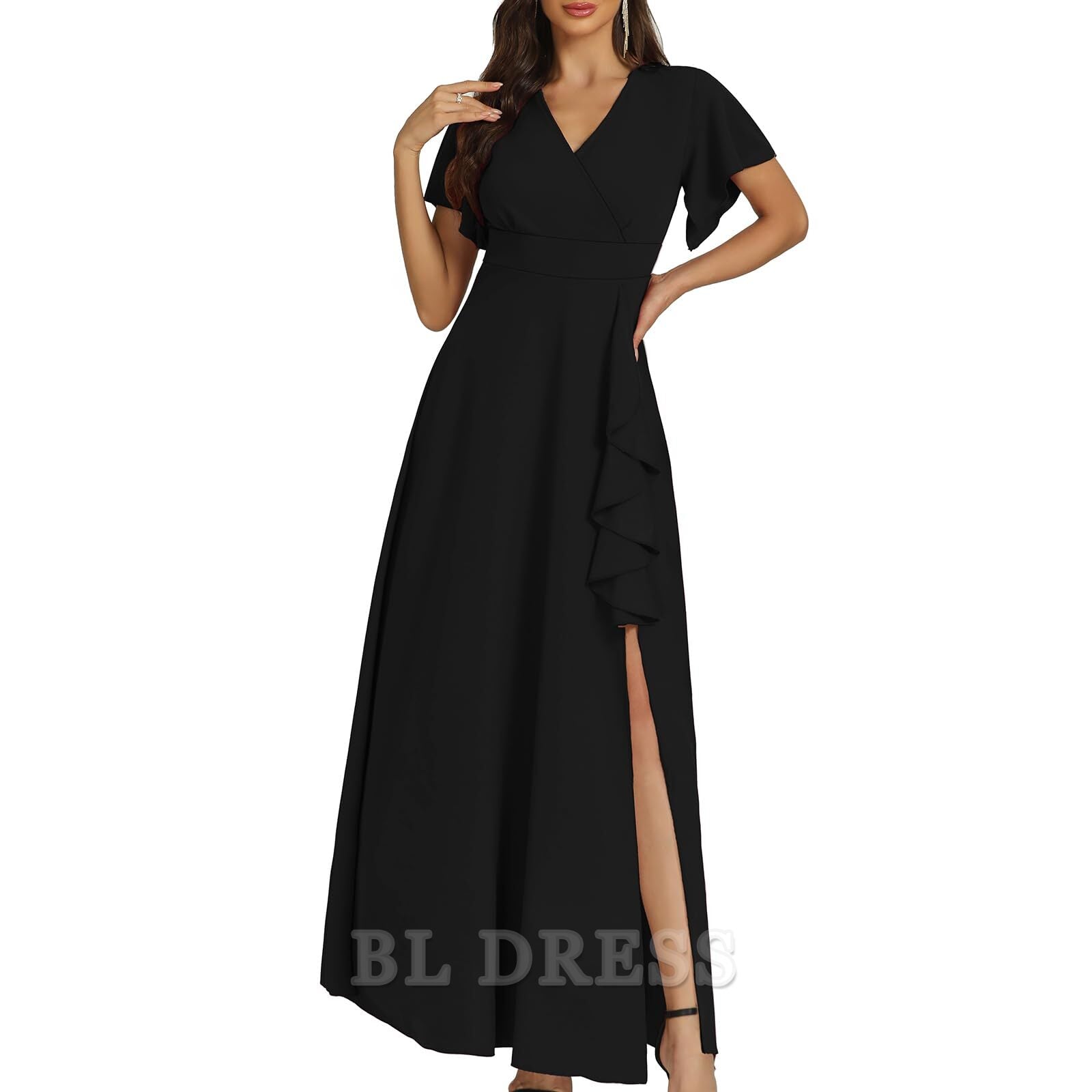 Back view of a sleeveless A-line formal dress.