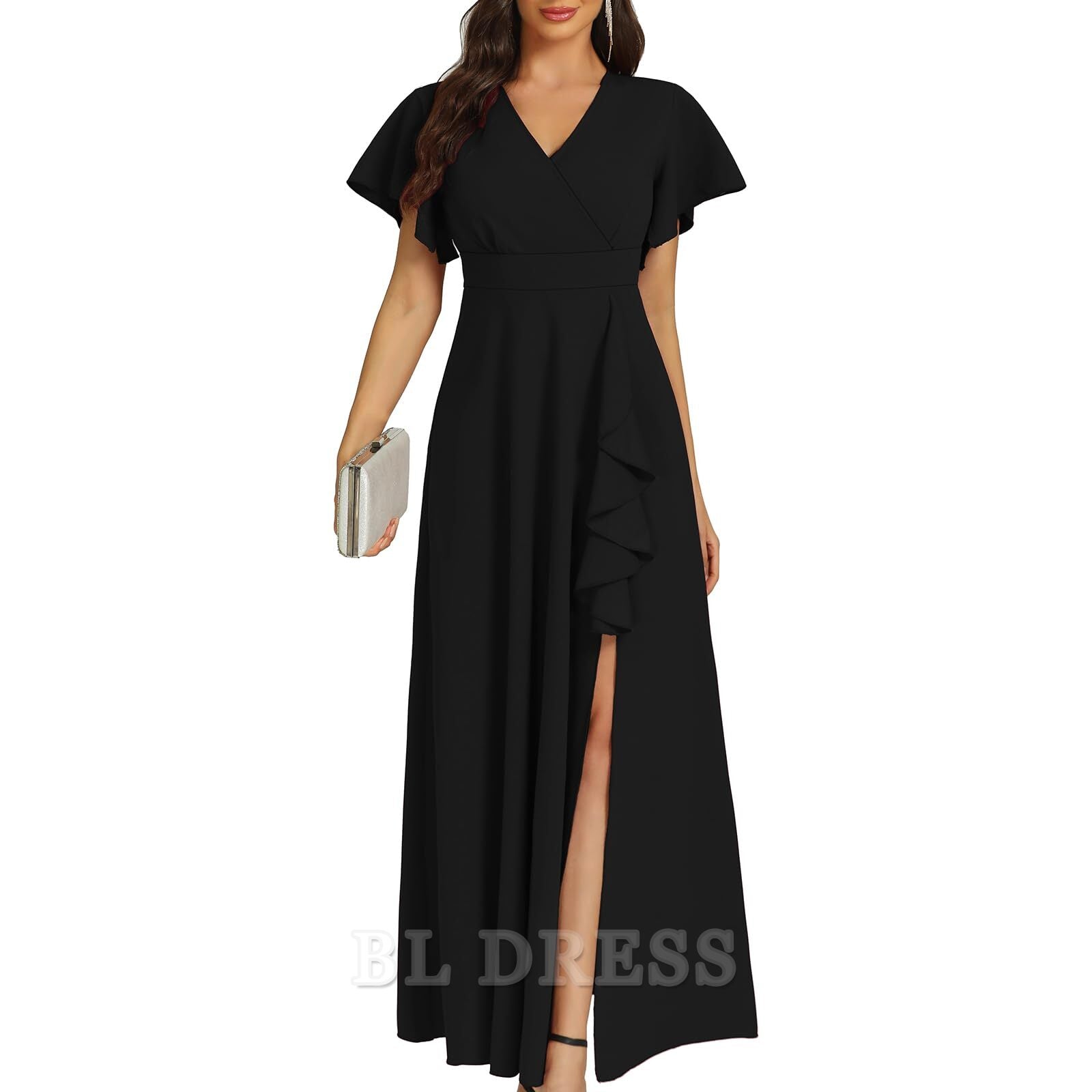 Close-up of V-neckline and ruffle detail on an elegant dress.