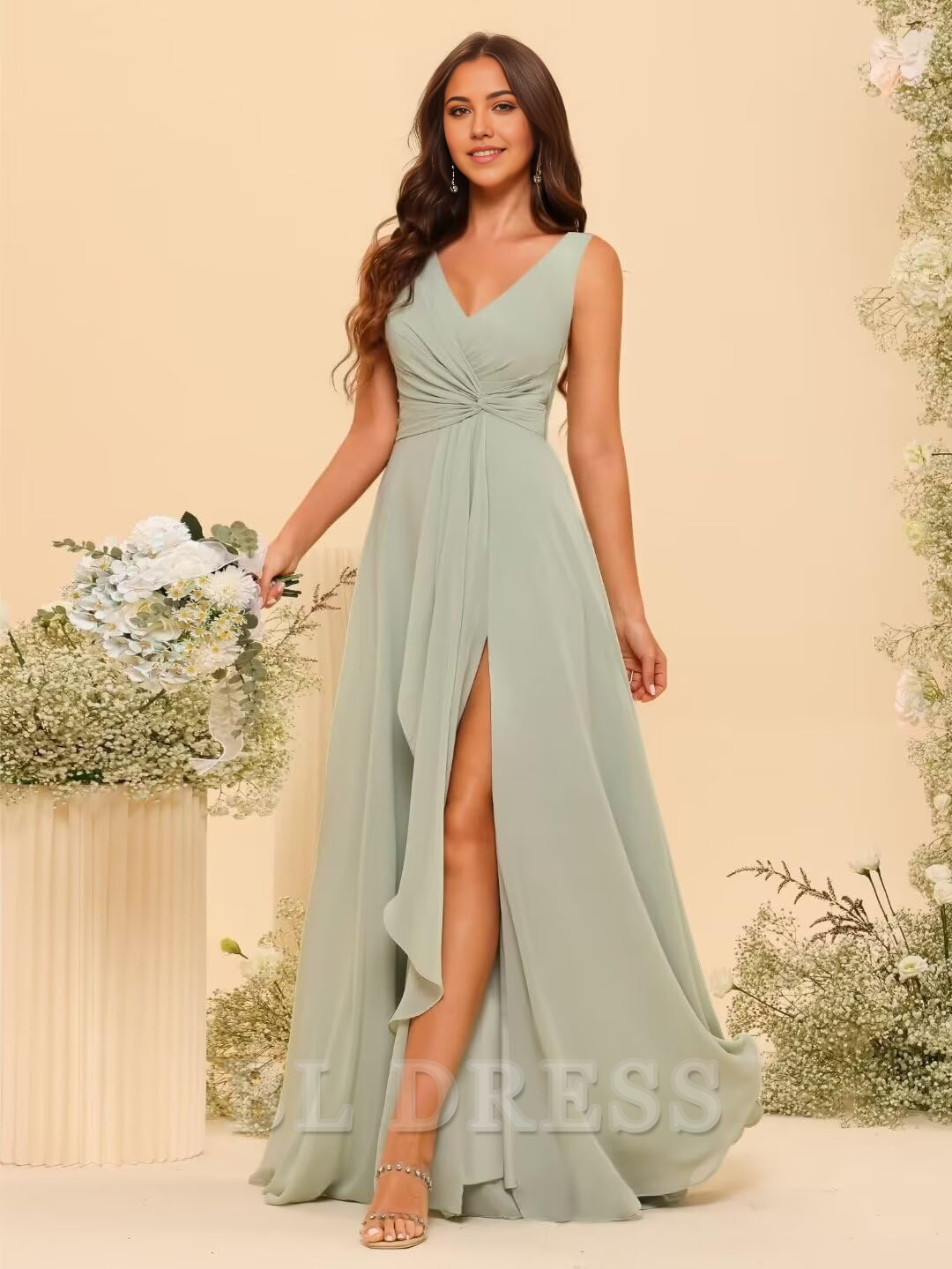 Side view of the long chiffon dress, highlighting the flowing ruffles and elegant slit.