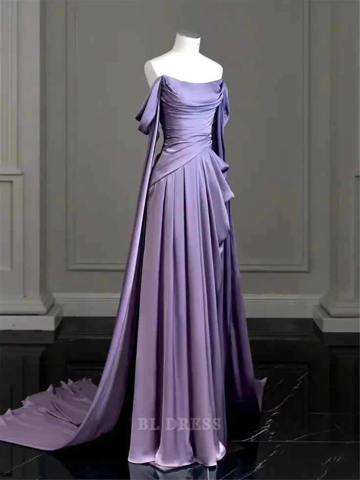 Elegant purple A-line satin V-neck formal gown.