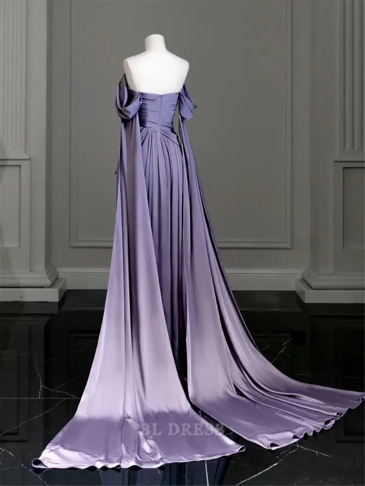 Purple satin A-line dress with V-neckline, suitable for evening events.