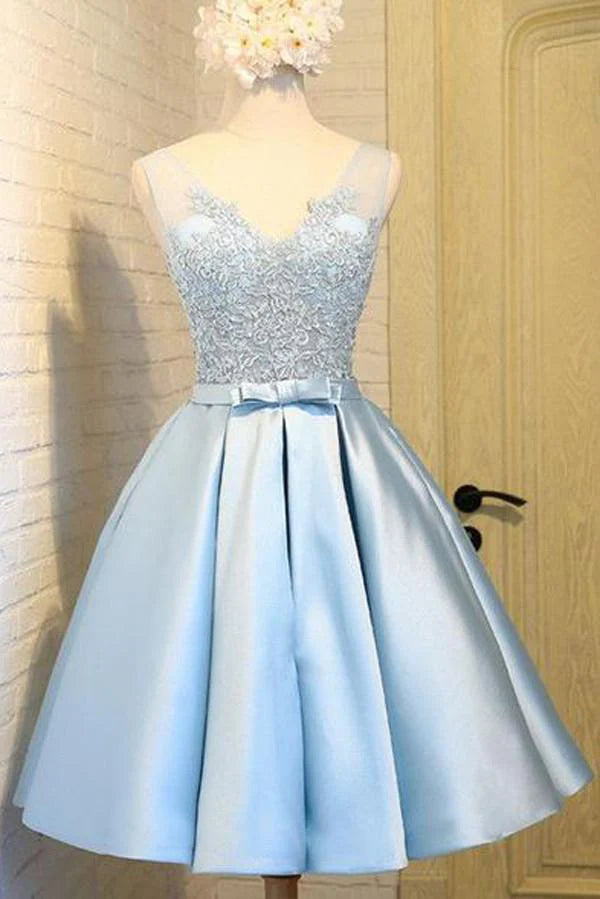 Front view of an A-line satin V-neck homecoming dress with delicate appliques.