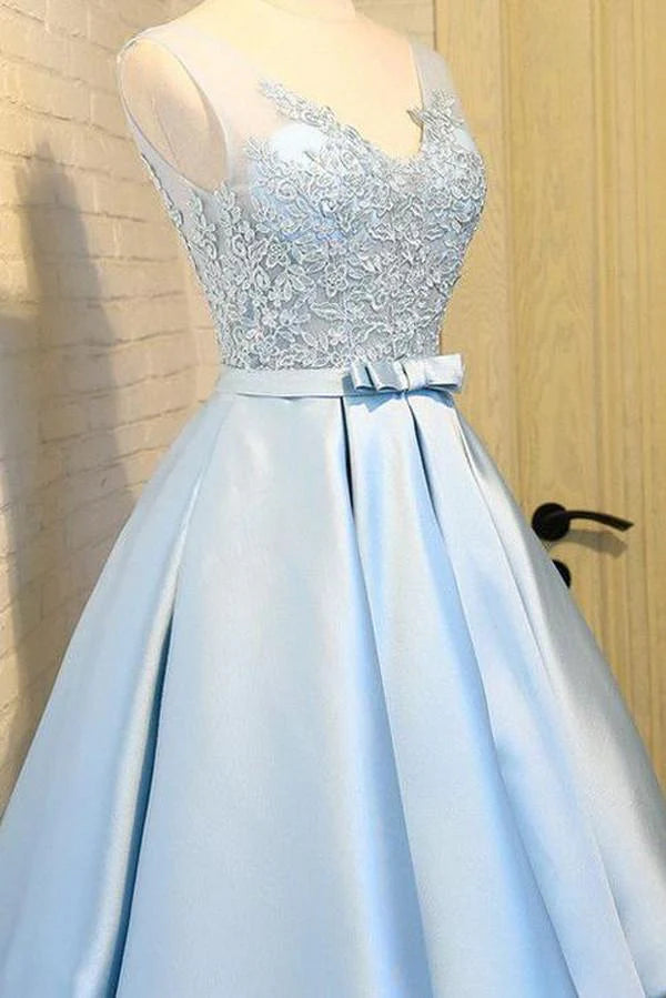 Back view of the A-line satin V-neck party dress, showcasing appliques.