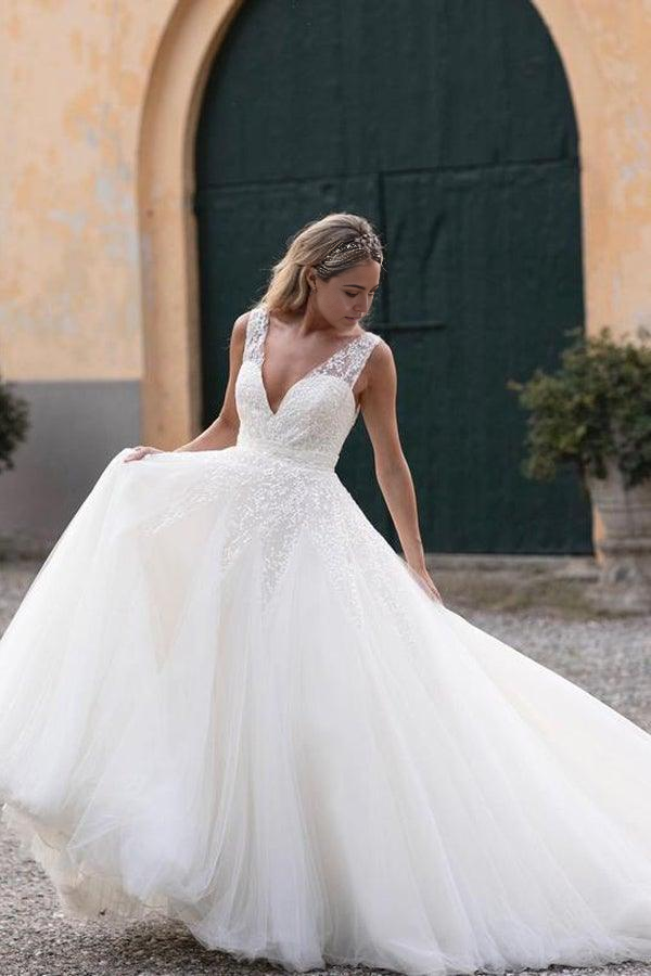 Elegant A-line V-neck wedding dress with sequins and lace, featuring a chapel train.