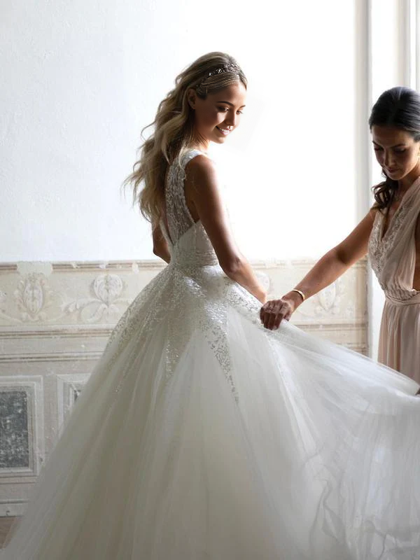 Back view of the A-line wedding dress, highlighting the elegant chapel train.