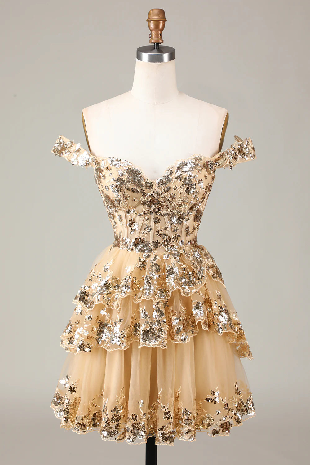 A-line short lace and sequin homecoming dress, front view.